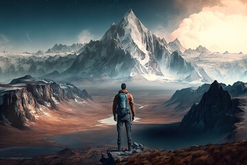 Poster - man, standing with his back to the camera and looking over the horizon, surrounded by majestic mountains, created with generative ai