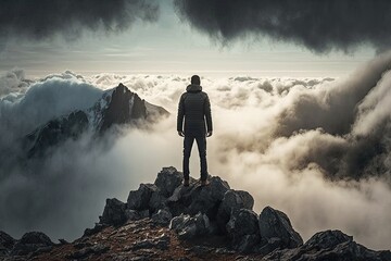 Poster - man, with his back to the camera, standing on mountaintop surrounded by misty clouds, created with generative ai