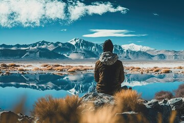 Sticker - peaceful moment, with man enjoying the view of distant mountains and clear blue sky, created with generative ai