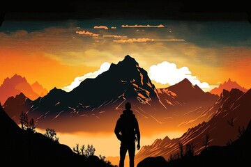 Canvas Print - man, silhouetted against the sunrise, with view of mountain range and valley below, created with generative ai