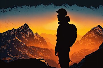 Wall Mural - man, silhouetted against the sunrise, with view of mountain range and valley below, created with generative ai