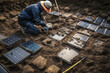 In an excavation site, archaeologists find historic solar panels. Concept image, fake. Generative AI