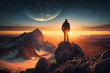 Canvas Print - man, with view of the sun setting over the horizon, atop mountain peak, created with generative ai