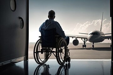 Sticker - man in wheelchair boarding plane, with view of the runway and aircraft visible, created with generative ai