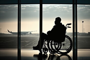 Poster - man in wheelchair, waiting for flight, with view of the airport terminal, created with generative ai