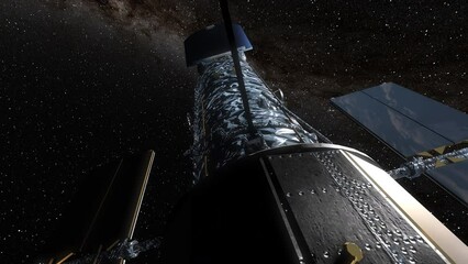 Wall Mural - Hubble Space Telescope with Static Camera Attached Revolving to Take Exposures of Milky Way Galaxy and Universe - Realistic 3D CGI Animation 4K