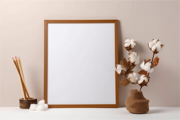 Poster - empty wooden frame mockup and cotton flower on beige background, interior with natural light .