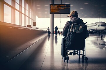 Poster - man in wheelchair with backpack and travel bag, arriving at busy airport terminal, created with generative ai