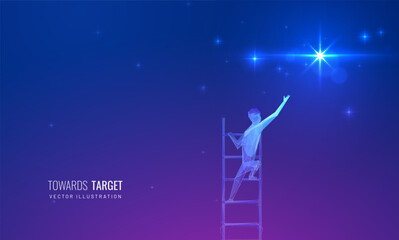 Achievement and goal concept to get star from the sky. Metaphor of dreams and desires - man reaches for star in the sky. Vector illustration in futuristic style with light effects