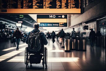 Canvas Print - person, rolling their wheelchair through the busy terminal, with a backpack on their back and passport in hand, created with generative ai