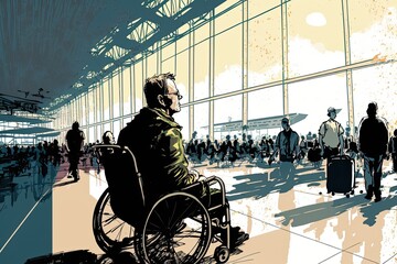 Sticker - man in wheelchair with view of bustling airport terminal, navigating through crowds and lines, created with generative ai