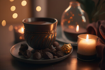 Canvas Print - Cup of coffee and candies on table in room with lights. . Artistic blur. Bokeh . Generative AI technology.
