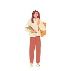 Wall Mural - Young woman holding books in hand and carrying bag on shoulders vector illustration on white