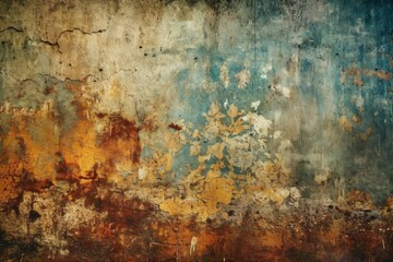  weathered wall with faded yellow and blue paint. Generative AI