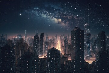 Canvas Print - megapolis, with view of the night sky and twinkling stars, visible through the glow of city lights, created with generative ai