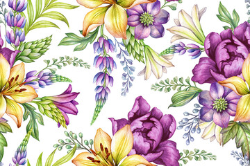 watercolor hand painted purple and yellow flowers, green leaves. Seamless floral pattern, elegant botanical background, bohemian textile design.