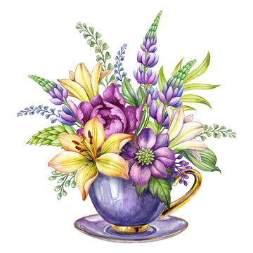 Wall Mural -  - watercolor botanical illustration, Tea cup and colorful flowers and green leaves. Festive bouquet, bohemian floral arrangement isolated on white background