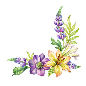 Wall Mural -  - watercolor botanical illustration, violet and yellow flowers and green leaves. Colorful bouquet, bohemian floral arrangement isolated on white background. Corner design element