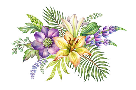 Wall Mural -  - watercolor botanical illustration, colorful flowers and green leaves. Tropical bouquet, bohemian floral arrangement isolated on white background