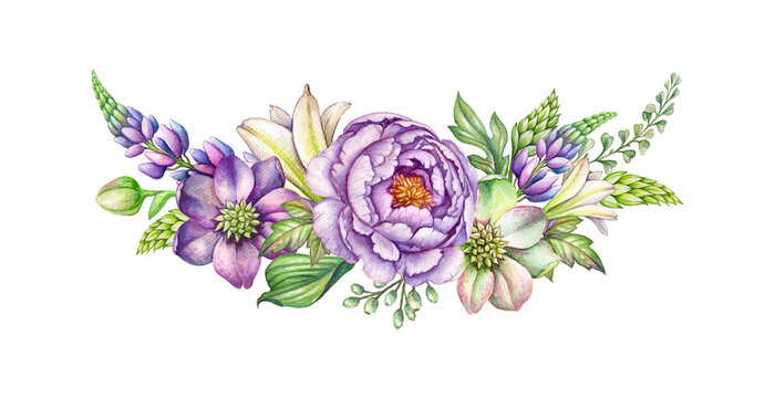 Wall Mural -  - watercolor floral bouquet, botanical arrangement isolated on white background. Violet flowers and green leaves