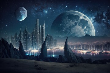 Canvas Print - megapolis at night with view of the stars and the moon, created with generative ai