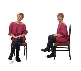 Sticker - front and side view of same woman sitting on chair with cross legged on white background