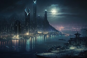 Wall Mural - megapolis at night, with view of the bustling metropolis from the waterfront, created with generative ai