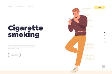 Cigarette smoking landing page design template with young man character enjoys deep smoke inhaling