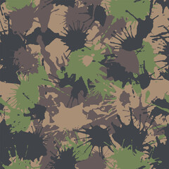 Wall Mural - Blots khaki green camo seamless chaotic pattern of paint splashes spots. Vector hand drawn camouflage texture for printing on fabric. Urban ink grunge background