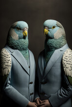 Two Budgerigar Parrot Birds Wearing Suits And Facing Each Other, Anthropomorphic Animals, Generative Ai