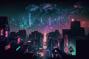 Poster - megapolis at night, with the city skyline visible and neon signs in the foreground, created with generative ai