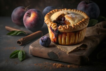 Poster - delicious plum mini pie with thick rich dough on table, created with generative ai