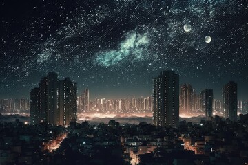 Poster - megapolis at night, with view of the city skyline and starry night sky, created with generative ai