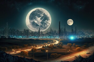 Poster - megapolis at night, with view of the city skyline and a full moon, created with generative ai