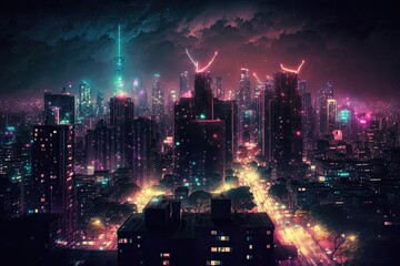 Poster - megapolis at night, with view of bustling city center and bright lights, created with generative ai