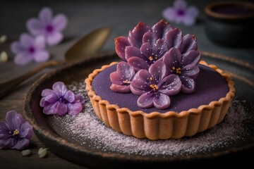 Poster - french plum mini pie with beautiful decoration in form of petals, created with generative ai