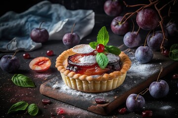 Poster - fresh homemade plum mini pie with jelly and delicious ripe plums, created with generative ai