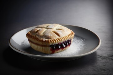 Poster - sweet homemade plum mini pie on white plate in bakery, created with generative ai