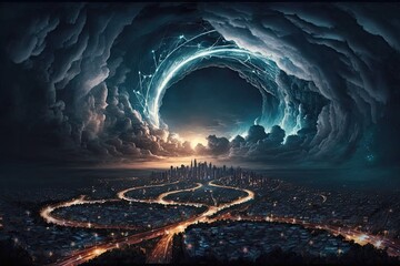 Poster - swirling clouds and lightning in the night sky over megapolis, created with generative ai