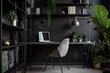 © SHOTPRIME STUDIO - interior background workspace office furniture job indoor armchair beautiful shelf lamp gray dark. Generative AI.