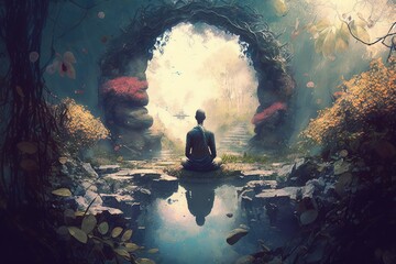 Canvas Print - person, meditating in serene garden, with mind of god visible above, created with generative ai