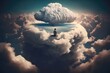 © Alfazet Chronicles - mind of god, with person floating on cloud, surrounded by peaceful and serene environment, created with generative ai
