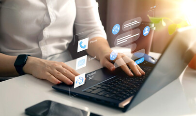 Chatbot conversation concept. Virtual assistant and CRM software automation technology.	Customer using online service with chat bot to get support. 
