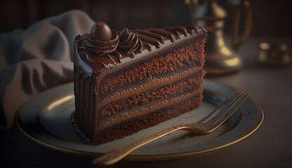 Wall Mural - chocolate cake on a plate with fork -AI Generative 