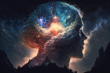 Poster - mind of god, with view of universe and stars, in awe-inspiring representation, created with generative ai