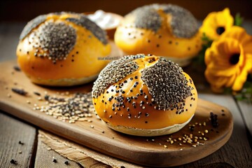 Sticker - traditional homemade poppy seed buns with sweet glaze, created with generative ai