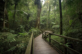 Fototapeta Las - a wooden path through a green rainforest. Generative AI