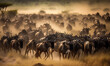 Leinwandbild Motiv a herd of wildebeest running in the masai mara national park. Generative AI