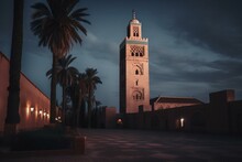 Koutoubia Mosque At Twilight Time, Marrakesh, Morocco. Generative AI