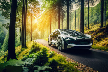 Wall Mural - EV (Electric Vehicle) electric car is driving on a winding road that runs through a verdant forest and mountains. Clean Energy, Nature Scene, AI generated